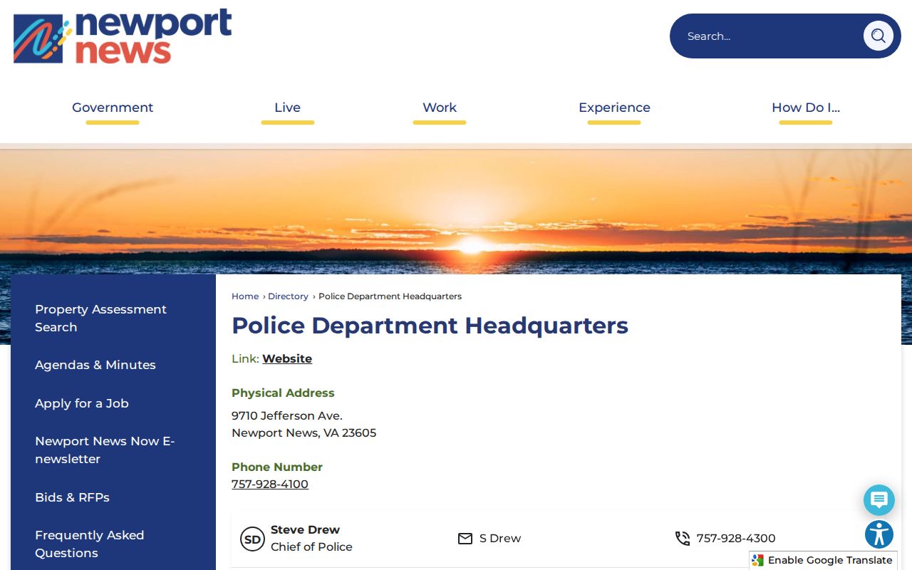 Newport News criminal records contact page for the Police Department