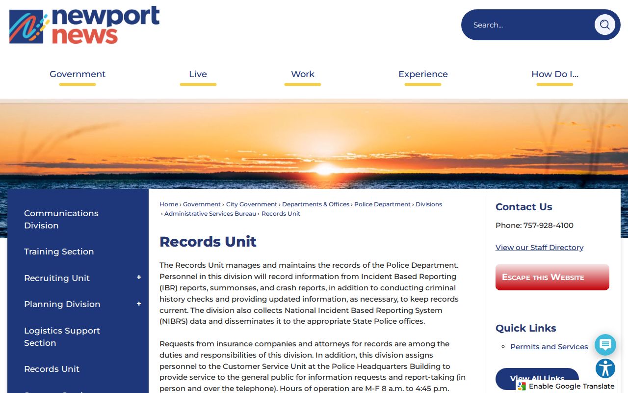 Newport News criminal records police Records Unit